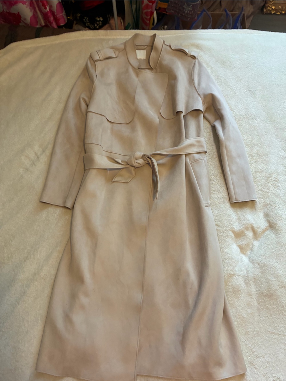 Women's Belted Trench Coat Dress in Light Beige ultra suede couple of spots